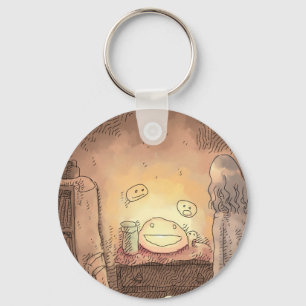 さやににじ 茶色い薄暗い部屋でほんのり光っている物体を見つめる女性のイラスト KEYCHAIN