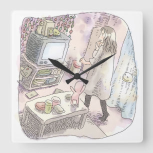 さやれいじ ローテーブルとカーテンのある部屋で、古いテレビの前に立つ女性の淡いイラスト SQUARE WALL CLOCK