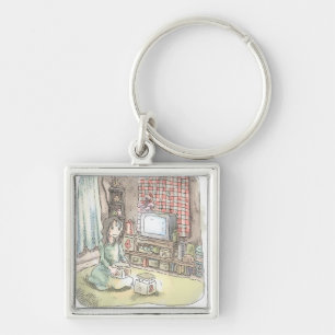 さやれにじ 古いテレビのある部屋で、四角いものを持ってカーペットの上に座っている女性のイラスト KEYCHAIN