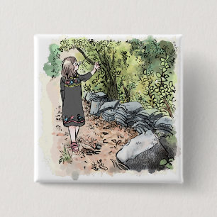 されいいじ 古い瓦が積んである日本の田舎道を散策する女性の水彩イラスト 2 INCH SQUARE BUTTON