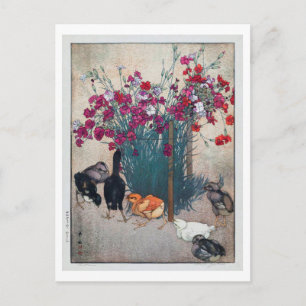 ひよこ, Dianthus & Chicks , Hiroshi Yoshida, Woodcut Postcard
