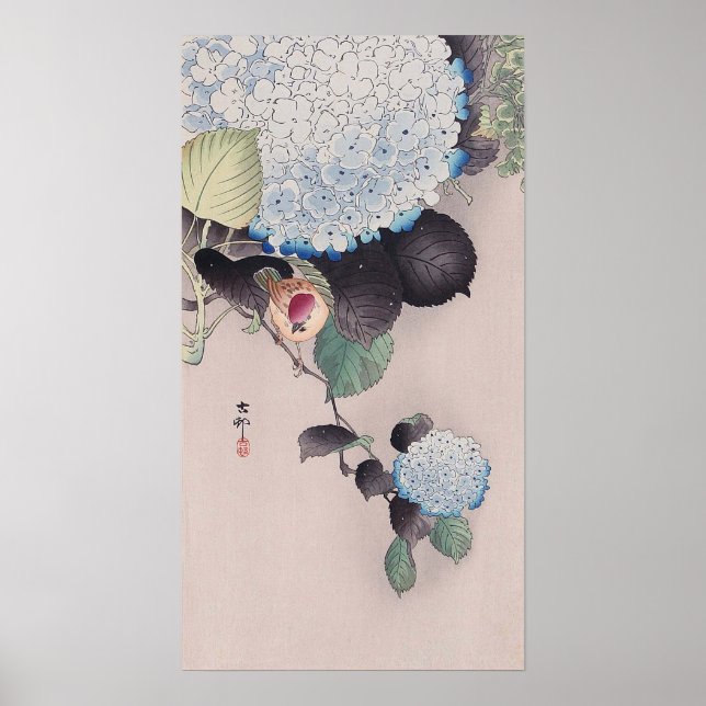アジサイに雀, 小原古邨 Sparrow on Hydrangea, Ohara Koson Poster (Front)