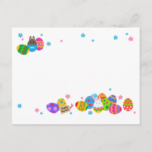 【イースターエッグと兎 重なり(ふちギザ】Easter Eggs & Rabbits (jagged Holiday Postcard