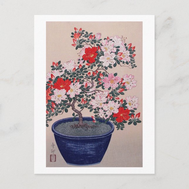ツツジの盆栽, 小原古邨 Bonsai Azalea, Ohara Koson, Ukiyo-e Postcard (Front)