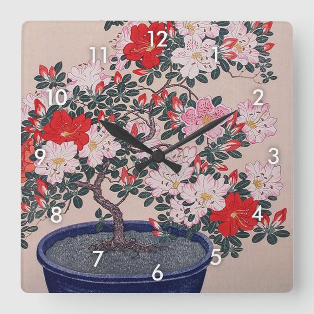 ツツジの盆栽, 小原古邨 Bonsai Azalea, Ohara Koson, Ukiyo-e Square Wall Clock (Front)