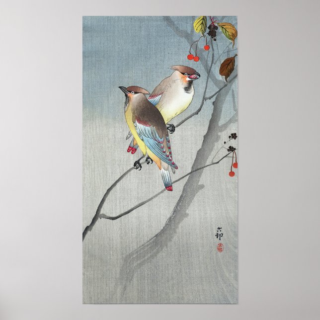 レンジャクと赤い実, 古邨 Waxwings with Red berries, Koson Poster (Front)