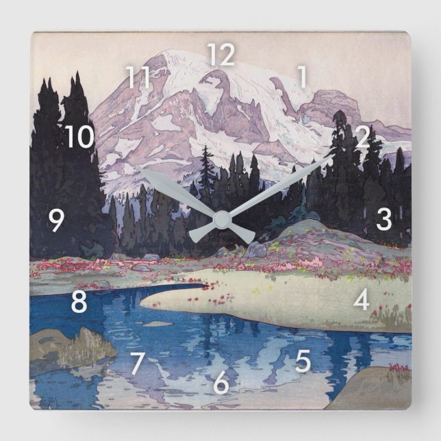 レーニア山, Mount Rainier, Hiroshi Yoshida, Woodcut Square Wall Clock (Front)