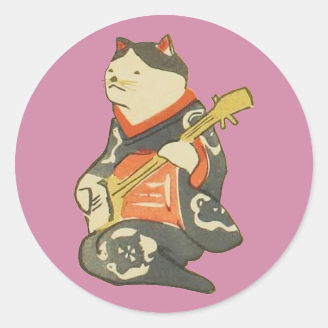 三味線を弾く猫, 国芳 Cat Playing Guitar, Kuniyoshi, Ukiyoe Classic Round Sticker (Front)