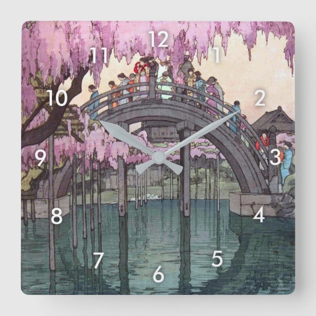 亀戸天神, Kameido Bridge, Hiroshi Yoshida, Woodcut Square Wall Clock (Front)