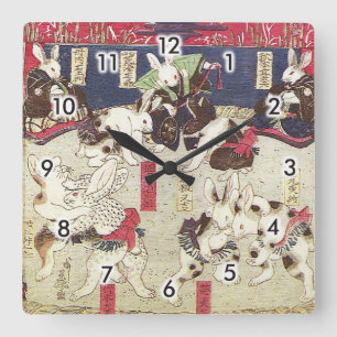 兎の相撲, 芳藤 Sumo Rabbits, Yoshifuji, Ukiyo-e Square Wall Clock