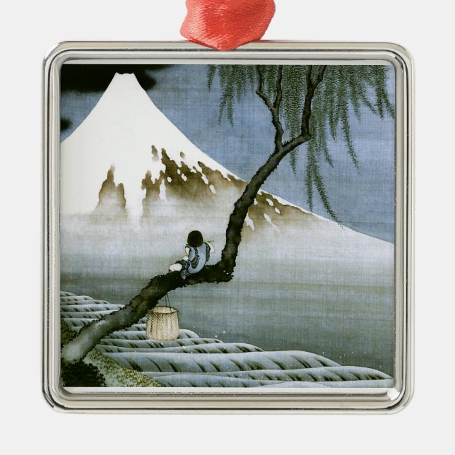 北斎 Boy & Mt Fuji Fine Art Metal Ornament (Front)