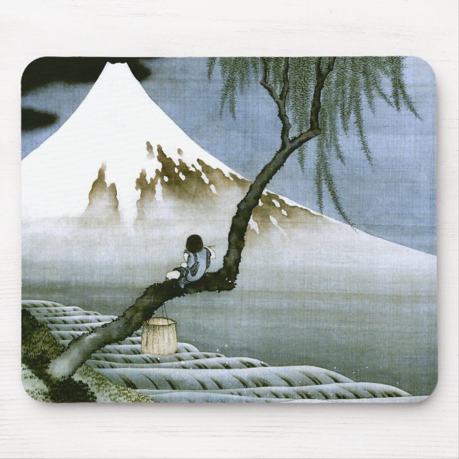 北斎 Boy & Mt Fuji Fine Art Mouse Pad (Front)