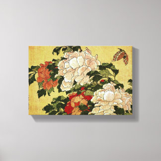 北斎 Hokusai Peonies & Butterflies Fine Art Canvas Print