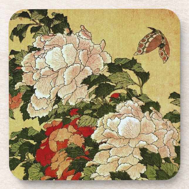 北斎 Hokusai Peonies & Butterflies Fine Art Coaster (Front)