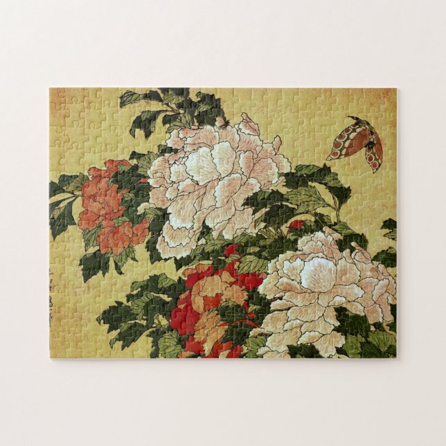 北斎 Hokusai Peonies & Butterflies Fine Art Jigsaw Puzzle (Horizontal)