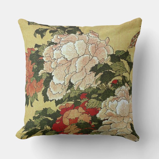 北斎 Hokusai Peonies & Butterflies Fine Art Throw Pillow (Front)