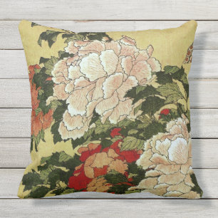 北斎 Hokusai Peonies & Butterflies Fine Art Throw Pillow