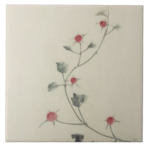 北斎 Red Blossoms on Vine Hokusai Fine Art Tile