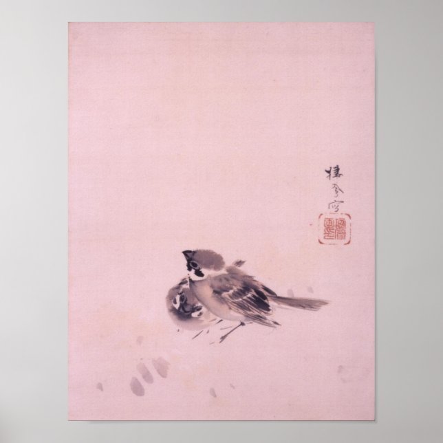 双雀, 栖鳳 Pair of The Sparrow, Seihō, Japanese Art Poster (Front)