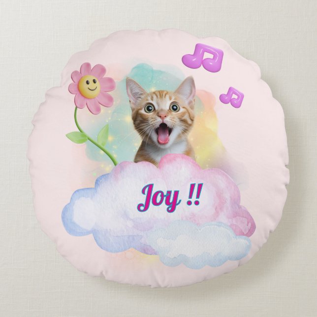 可愛い『Joy!!』おしゃべりねこ♡ Round Pillow (Front)