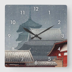 四天王寺, Shitennō-ji in Osaka, Hasui Kawase, Woodcut Square Wall Clock