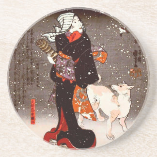 國芳 Woman & Dog in Snow Kuniyoshi Fine Art Coaster