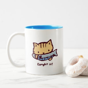 大きなお魚ゲット！  Big Catch! Cute Kitten with a Fish Two-Tone Coffee Mug