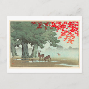 奈良公園の鹿, Deer of Nara Park, Hasui Kawase, Woodcut Postcard