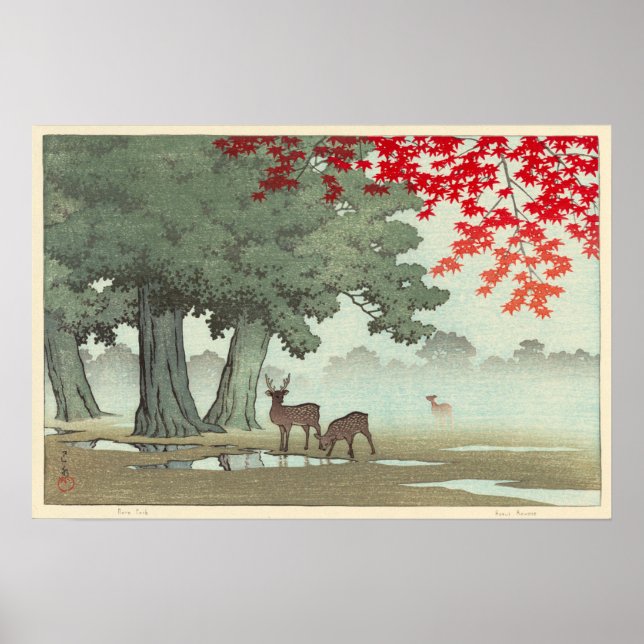 奈良公園の鹿, Deer of Nara Park, Hasui Kawase, Woodcut Poster (Front)