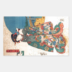少女と猫, 国芳 Girl with Cat, Kuniyoshi, Ukiyo-e Sticker
