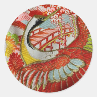 日本の伝統的着物生地シール（鶴赤） CLASSIC ROUND STICKER