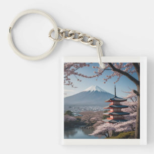 日本の春の最も美しい瞬間を凝縮したような一枚です。富士山を背景に、五重塔と満開の桜が描かれています。 KEYCHAIN