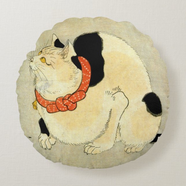 日本猫, 国芳 Japanese Cat, Kuniyoshi, Ukiyo-e Round Pillow (Front)