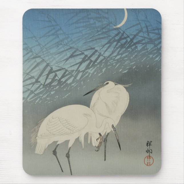 月と白鷺, 古邨 Egrets & Moon, Koson, Ukiyo-e Mouse Pad (Front)