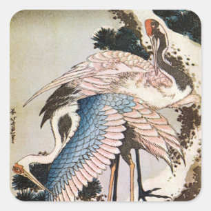 松に鶴, 北斎 Cranes on Pine Tree, Hokusai, Ukiyo-e Square Sticker