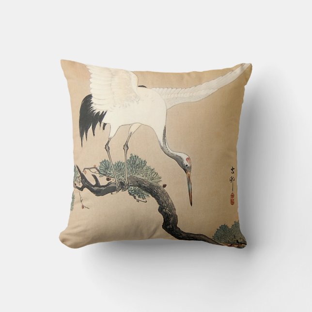 松に鶴, 古邨 Crane on Pine Tree, Koson, Ukiyo-e Throw Pillow (Front)