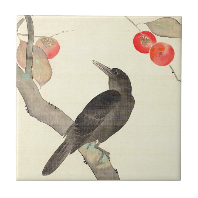 柿に烏, 抱一 Persimmon and Crow, Hōitsu Tile (Front)