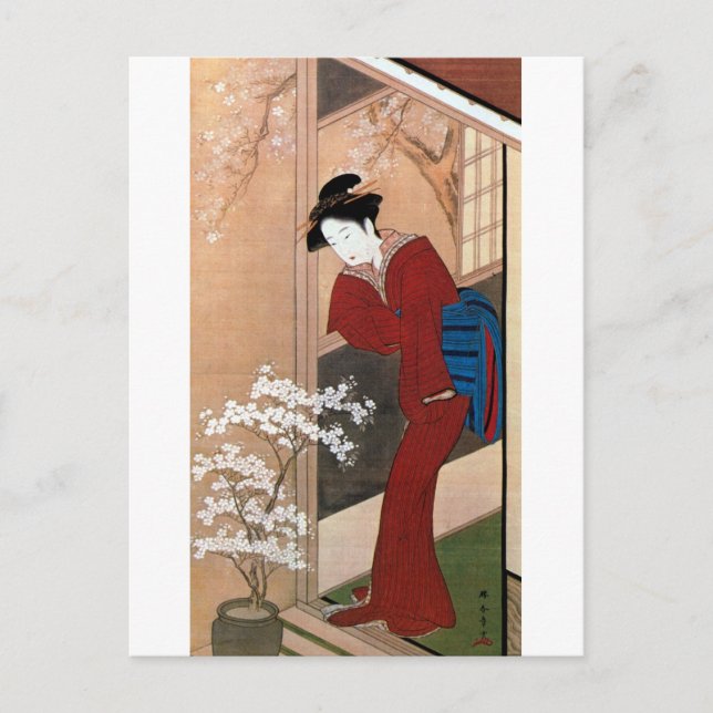 桜の花と女, 春章 Cherry Blossoms and a Woman, Shunsho Postcard (Front)