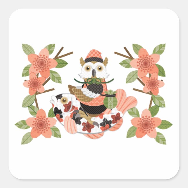 梟と鯉／An owl and a carp Square Sticker (Front)