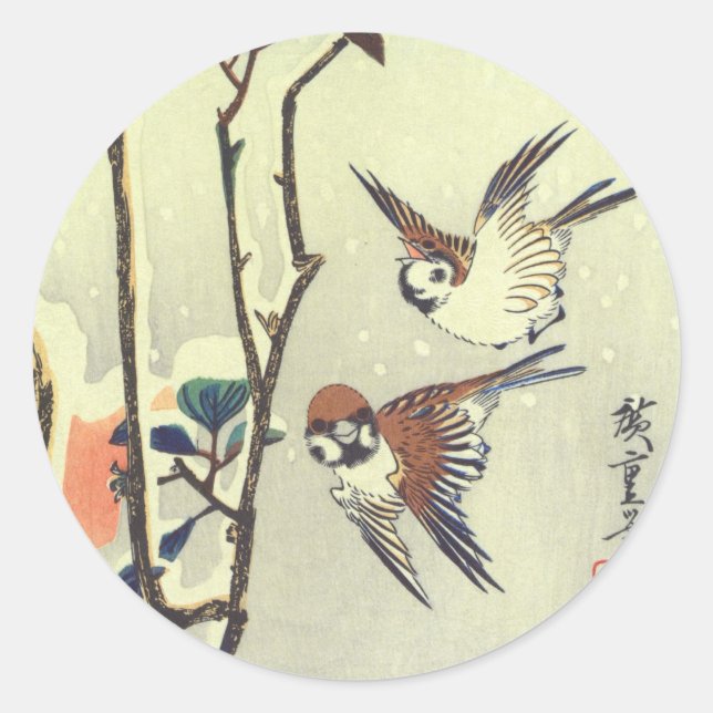 椿に雀, 広重 Camellia and Sparrow, Hiroshige, Ukiyo-e Classic Round Sticker (Front)