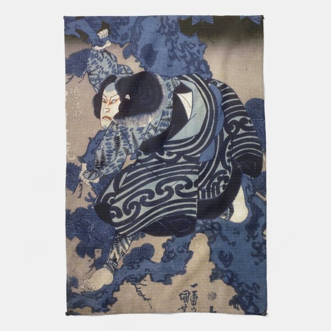 歌舞伎役者, 国芳 Kabuki Actor, Kuniyoshi, Ukiyo-e Kitchen Towel (Vertical)