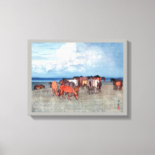沼崎牧場, Horses, Hiroshi Yoshida, Woodcut Canvas Print