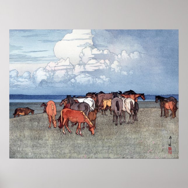 沼崎牧場, Horses, Hiroshi Yoshida, Woodcut Poster (Front)