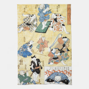 流行猫の狂言づくし, 国芳 Actors of The Cat, Kuniyoshi, Ukiyoe Kitchen Towel