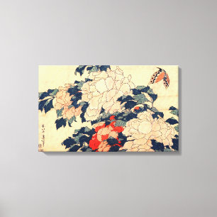 牡丹と蝶, 北斎 Peonies and Butterfly, Hokusai, Ukiyo-e Canvas Print