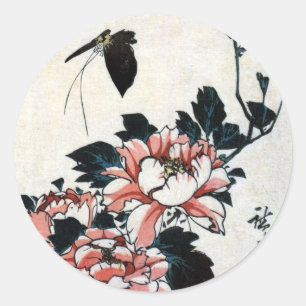 牡丹に蝶, 広重 Peonies and Butterfly, Hiroshige, Ukiyo-e Classic Round Sticker