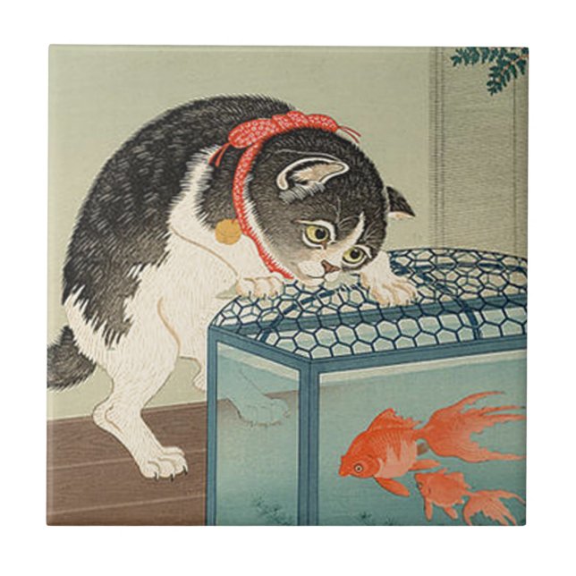 猫と金魚, 古邨 Cat & Goldfish, Koson, Ukiyo-e Tile (Front)