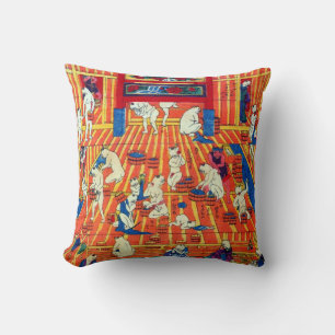 猫のおぶうや, 作者不詳 Hot spring of The Cat, Author unknown Throw Pillow