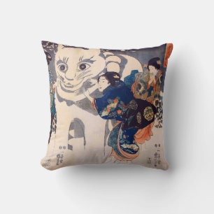 猫の雪だるま,国芳  Big Cat Snowman, Kuniyoshi, Ukiyo-e Throw Pillow