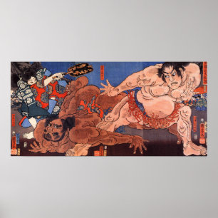 相撲, 歌川国芳 Sumo wrestling, Kuniyoshi Poster